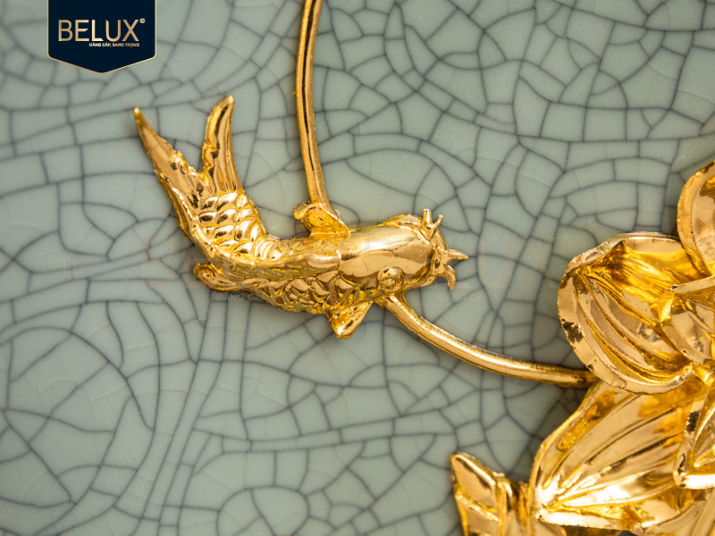 Đĩa Hoa Sen D20 xanh ngọc dát vàng 24k